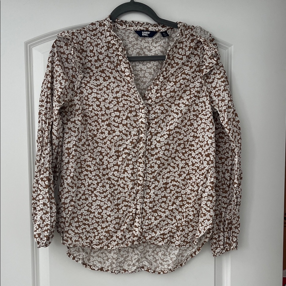 Lands' End Brown and White Floral Blouse